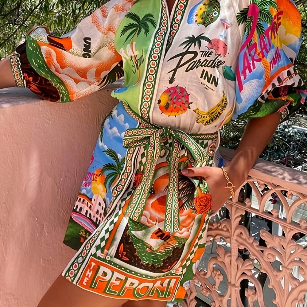 Multicolor Boho Women's Mini Dress Tropical Print - Picture 3 of 3